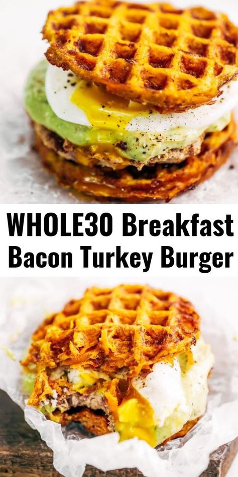 Breakfast Burger Recipe, Burger With Avocado, Healthy Paleo Breakfast, Bacon Turkey, Avocado Ranch Dressing, Whole30 Breakfast, Whole30 Meal Prep, Potato Waffles, Sweet Potato Waffles