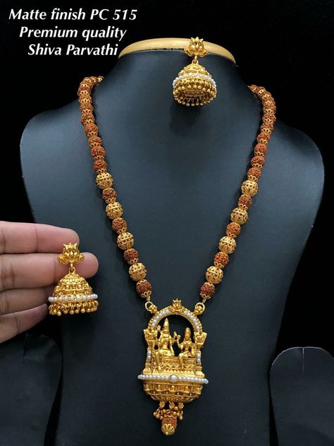 #onegramgold #temple jewelry available at Arshi's..  for bookings whatsapp on 9486115312. worldwide shipping Rudraksha Jewelry For Women, Necklace With Red Stone, Lord Shiva Parvati, Rudraksha Jewelry, Long Haram, Locket Design, Shiva Parvati, Indian Necklace, South Indian Jewellery