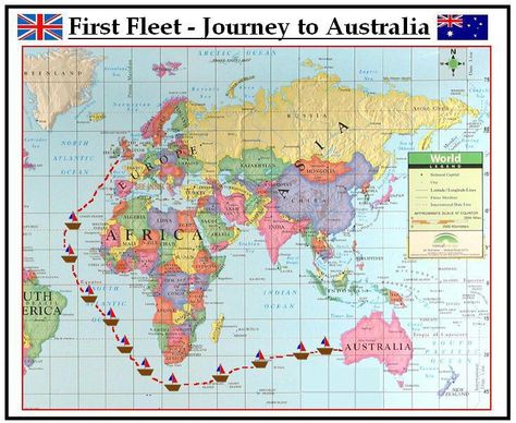 The route of the First Fleet in 1788 from England to Sydney to establish the first colony. January 26 is Australia Day. Map Images, First Fleet, Aboriginal History, Early Explorers, Primary Writing, Australia History, Homeschool Geography, The Oregon Trail, Pioneer School