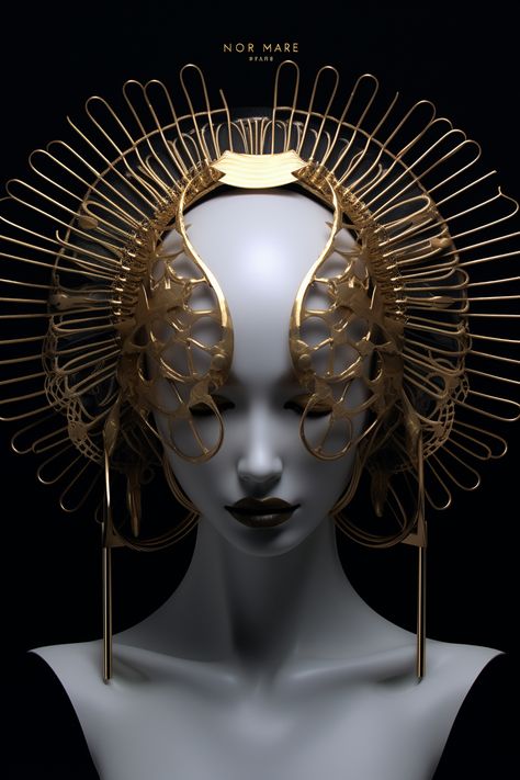 Gold Prosthetic Arm, Extravagant Headpiece, Unusual Clothes, Digital Sculpture, Saints And Sinners, Angel Artwork, Fantasy Props, Futuristic Fashion, Mexican Culture