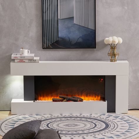 50 Inch LED Electric Fireplace L Shaped Wall Mounted Electric Fire - Country - Living Room - by Living and Home | Houzz UK Electric Fire Suites, Wall Mounted Electric Fires, Electric Fireplace With Mantel, Electric Fireplace Suites, Wall Mounted Fireplace, Fireplace Suites, Electric Fire, Traditional Fireplace, Living Room Color Schemes