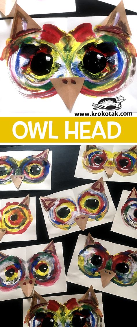 krokotak | owl Owl Head, 2nd Grade Art, Fall Art Projects, Children Activities, Owl Crafts, Elementary Art Projects, Homeschool Art, Kindergarten Art, School Art Projects