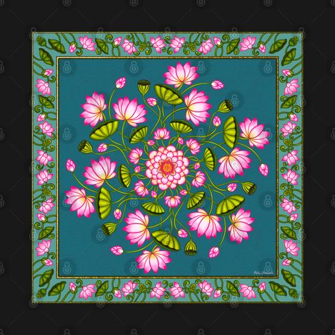 Spiral bloom of lotuses - Lotus Mandala - T-Shirt | TeePublic Kalamkari Lotus Designs, Diwali Printables, Lotus Mandala Art, Lotus Mandala Design, Mural Flowers, Static Image, Lotus Designs, Pichwai Art, Lotus Rangoli