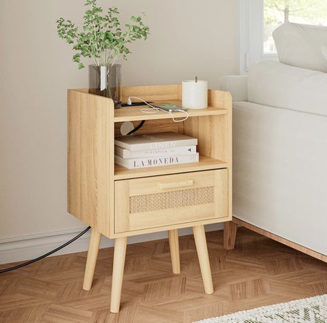 Rattan End Table, Boho Bedside Table, Side Tables For Bedroom, Wood Table Legs, End Tables With Drawers, Side Table With Drawer, Yellow Living Room, Solid Wood Table, End Tables With Storage