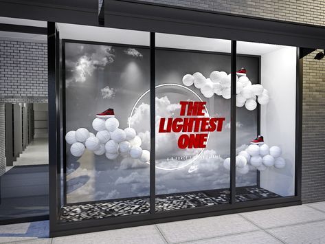 Nike Display Design, Cloud Window Display, Shoe Display Retail, Shoe Window Display, Nike Window Display, Cloud Display, Nike Display, Asymmetrical Balance, Chicken Wire Sculpture