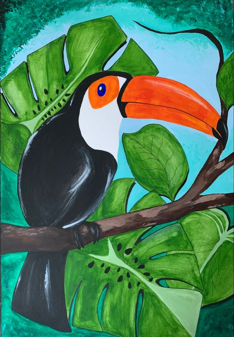 Tucan Drawings, Tucan Watercolor Painting, Tucan Acrylic Painting, Toucan Art For Kids, Parrot Oil Pastel, Toucan Painting, Impressionism Drawing, Paintings Colorful, Anime Face Drawing