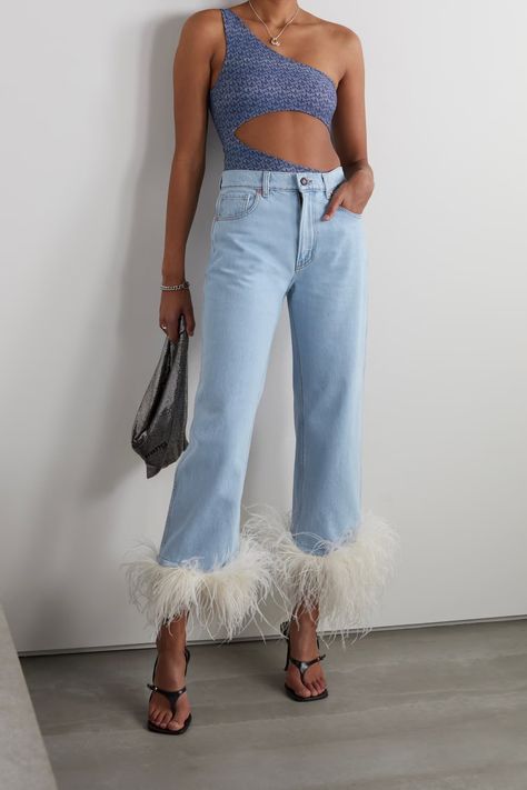 Feather Trim Jeans Outfit, Feather Jean Outfit, Jeans 2023 Trends, Jeans With Feathers, Blue Feather Pants, Pants With Feather Trim, Feather Jean, Ostrich Feather Trim Jeans, Elegant Shoes Heels