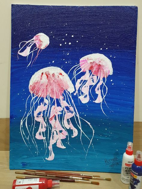 Ocean Animals Painting Acrylic Easy, Jelly Fish Acrylic Painting Easy, Jellyfish Art Acrylic, Jellyfish Painting Acrylic Easy, Jelly Fish Painting Acrylic, Underwater Painting Easy, Jellyfish Canvas Painting, Jellyfish Painting Easy, Jellyfish Painting Acrylic