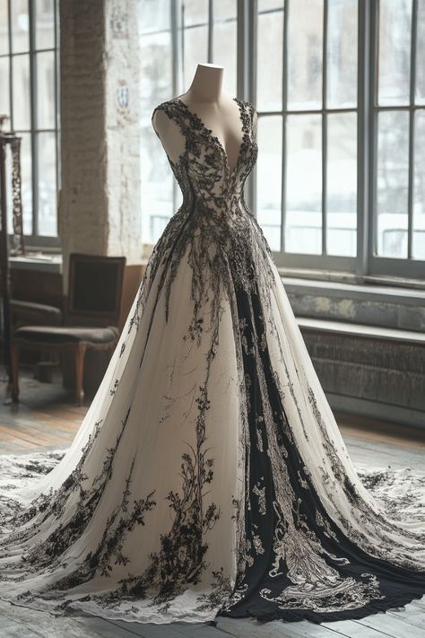 Black And White Wedding Dress With Sleeves, Emo Wedding Dresses, Punk Wedding Dresses, Witchy Dresses, Silver Wedding Gowns, Goth Wedding Dresses, Strange Dream, Vampire Wedding, Vintage Ball Gowns