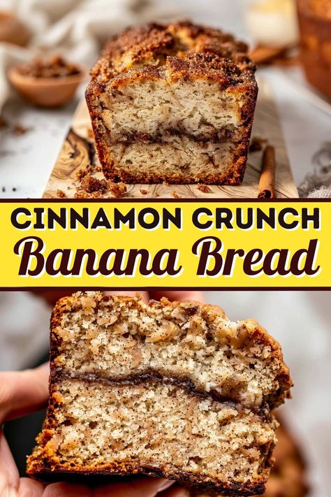 This easy cinnamon crunch banana bread combines ripe bananas, warm spices, and a sweet buttery crunch topping for the ultimate comforting treat! Best Of Bridge Banana Bread, Banana Bread Recipe No Sour Cream, 2 Ripe Banana Recipes, Banana Baking Recipes, Ripe Banana Recipes Easy, Recipes With Ripe Bananas, Banana Cinnamon Bread, Use Over Ripe Bananas, Best Banana Bread Recipe Moist