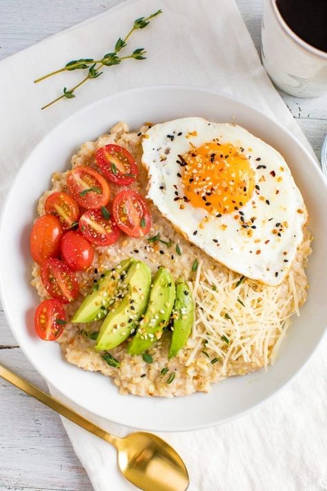 A savory oatmeal bowl that has the perfect combination of healthy fats, protein and carbohydrates. #savoryoats #oatmeal Avocado Breakfast Ideas, Savory Oatmeal Recipes, Savory Oatmeal, Sauteed Greens, Oatmeal Bowls, Avocado Breakfast, Cooked Breakfast, Bird Food, Oats Recipes