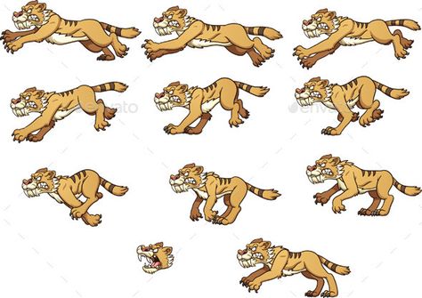 Angry Animation, Sabre Tooth Tiger, Tiger Running, Saber Tooth Tiger, Gradient Illustration, Running Vector, Sabertooth Tiger, Tiger Vector, Animation Cartoon