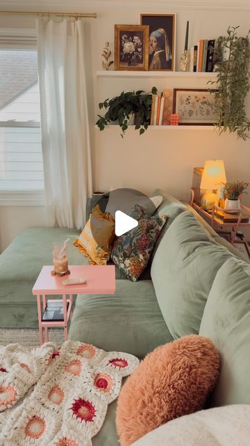 Emily Welch | Cozy Home & Life on Instagram: "Any other moms in their no coffee table era? Before you ask, we can’t put drinks on the pink C-Table while Jude is home/awake hahaha. Links for the c-table, green arm rest covers, wood armrest covers and wood tray table are in my Amazon Storefront linked in bio & stories :) Green couch is by @interiordefine Beckham U-sectional in celadon (use code EMILYW20 for 20% off) Pink couch is by @joybird Bryant in Royale Blush #amazonfinds #amazonmusthaves #cozyhome #smallspaceliving Amazon home decor, apartment decor, cozycore, colorful eclectic home, Amazon deals, cozy life, cosy, whimsical decor, pink aesthetic" No Coffee Table, Arm Rest Covers, Colorful Eclectic Home, Colorful Eclectic, Armrest Covers, Pink Couch, Cozy Life, No Coffee, Green Couch