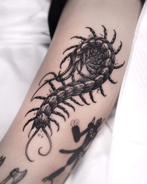 Dark Centipede Tattoo, Neo Traditional Centipede Tattoo, Centipede Tattoo Design Tokyo Ghoul, Centipede Knee Tattoo, Centepide Tattoo Design, Cenepede Tattoo, Cenipeed Tattoo, Centipedes Tattoo, Kaneki Centipede Tattoo