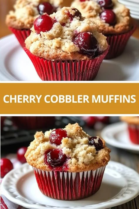 Cherry Cobbler Muffins Cherry Bakewell Muffins, Maraschino Cherry Muffins, Cherry Pie Muffins, Fresh Cherry Muffins, Cherry Cobbler Muffins, Cherry Muffins With Frozen Cherries, Cherry Baking Recipes, Canned Cherries Recipes, Cherry Pie Filling Muffins