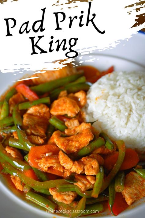 Pad prik king is a wonderfully delicious stir fry from Thailand.  It consists of pieces of chicken, green beans, carrots, and bell peppers.  This of course is all coated in a delectable sauce made out of Thai red curry paste, brown sugar, chicken stock, and kaffir lime leaves.  Trust me it tastes amazing, and best of all it can be prepared in mere minutes! Thai Green Beans Stir Fry, Prik King Green Beans, Chicken Green Curry Recipe, Prik King Recipe, Pad Prik King Recipe, Pad Prik King, Chicken Red Curry, Pad Prik, Green Bean Curry