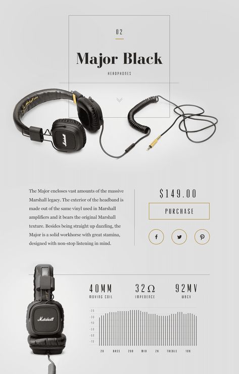 Product Callouts Design, Clean Minimal Website Design, Clean Design Graphic, Product Information Design, Product Layout Design, Product Web Page, Hierarchy Design, Product Layout, Marshall Headphones