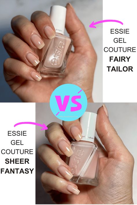 essie gel couture fairy tailor VS sheer fantasy Essie Sheer Fantasy Gel, Essie Gel Couture Swatches, Essie Sheer, Essie Gel Polish, Flowy Fashion, Sheer Nail Polish, Sheer Nails, Pink Nail Colors, Essie Gel Couture