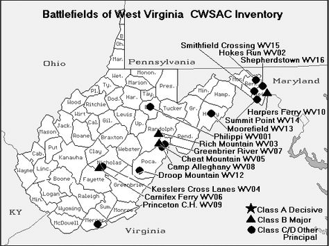 West Virginia Civil War Battlefield Map Appalachian Heritage, West Virginia History, Usa History, Virginia Map, Stonewall Jackson, Battle Map, Civil Wars, Union Soldiers, Abandoned Amusement Parks