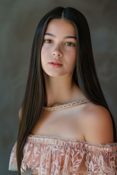 Young woman with long dark hair and a pink off-the-shoulder lace top looking directly at the camera. Hairstyles For Natural Straight Hair, Naturally Straight Hair, Sleek Straight Hairstyles, Straight Lobs, Natural Straight Hair, Try On Hairstyles, Ash Blonde Hair, Effortless Hairstyles, Chic Hairstyles