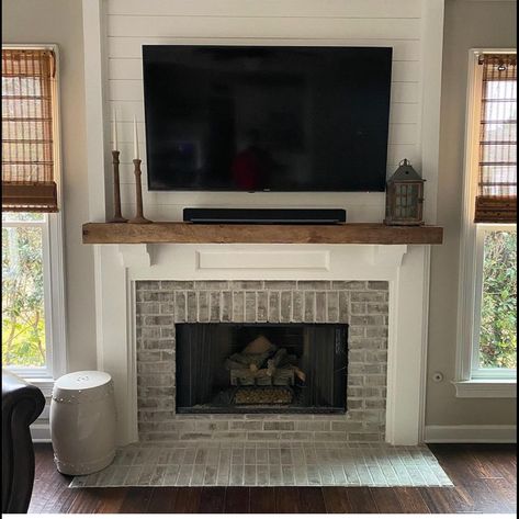 Short Fireplace Mantle, Fireplace With Tv Above Decor, Brick And Shiplap Fireplace, Fireplace Mantle Makeover, Gas Fireplace Mantel, Mortar Wash, Herringbone Fireplace, Wood Fireplace Surrounds, Farmhouse Mantle Decor