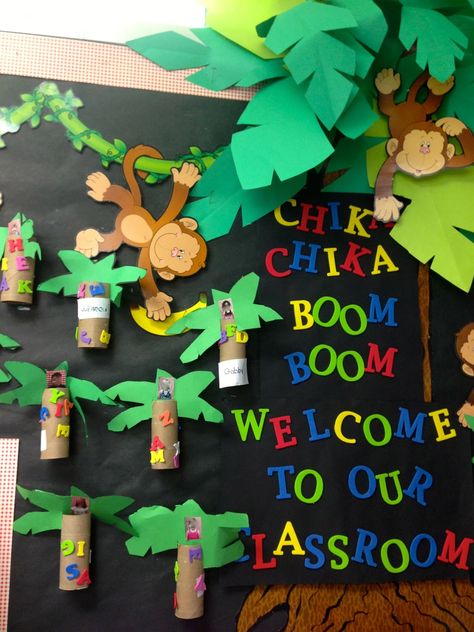 KFUNdamentals: TBT: Chicka Chicka Boom-Boom, Welcome To Our Classroom Chicka Chicka Boom Boom Activities, Room Pic, Kindergarten Bulletin Boards, Jungle Theme Classroom, Classroom Bulletin Board, Chicka Chicka Boom Boom, Deco Jungle, Preschool Bulletin, Chicka Chicka