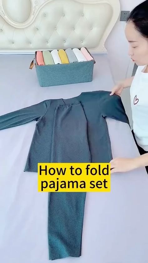 How to fold pajama set #foldinghacks #pajamajam #tiktok #storagebox #organizetips | Instagram How To Fold Pyjama Sets, How To Fold Pjs, How To Fold Nightgowns, How To Fold Pajamas, How To Fold Pj Sets, How To Fold Pajama Pants, How To Fold Pj Pants, Fold Pajama Sets, Folding Pajama Sets