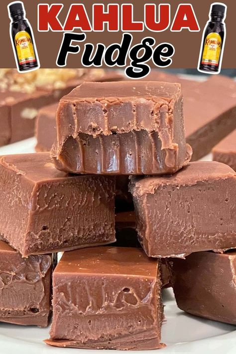 Try this quick Kahlua Fudge recipe for silky, boozy, no-bake treats perfect for holidays and gifting. It's easy to make in the microwave and delightfully indulgent! #fudge #kahulua #chocolate #easyrecipe #nobake Kahlua Brownies Recipe, Kahlua Fudge Recipe, Kaluah Recipes Desserts, Kaluha Recipes Desserts, Cheesecake Fudge Recipe, Kahlua Fudge, Original Fantasy Fudge Recipe, Fantasy Fudge Recipe, Fudge Dessert