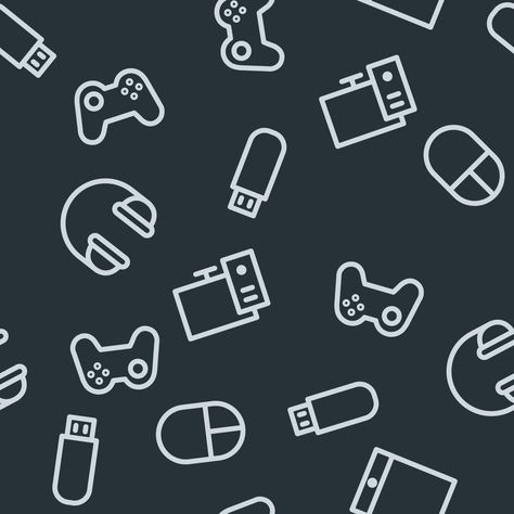 Seamless pattern with gaming equipment. Six items on gray background - headphones, flash drive, mouse, PC, gamepad, tablet. Video Game Pattern, Mat Inspiration, Video Game Backgrounds, Gaming Equipment, Japanese Wallpaper Iphone, Iphone Gadgets, Seamless Wallpaper, Hometown Heroes, Graphic Inspiration