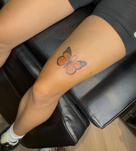 Black And Orange Butterfly Tattoo, Orange Monarch Butterfly Tattoo, Red Admiral Butterfly Tattoo, Butterfly Knee Tattoos Women, Butterfly Tattoo On Knee, Orange Ink Tattoo, Nani Tattoo, Knee Butterfly Tattoo, Butterfly Above Knee Tattoo