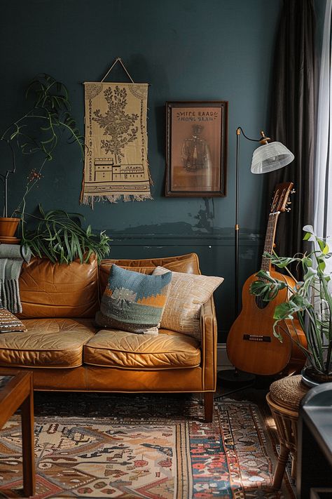 Dark Teal Living Room, Moody Living Room Ideas, Boho Moody, Southwestern Living Room, Moody Living Room, Teal Living Rooms, Vibrant Living Room, Moody Decor, Bedroom Colour Palette