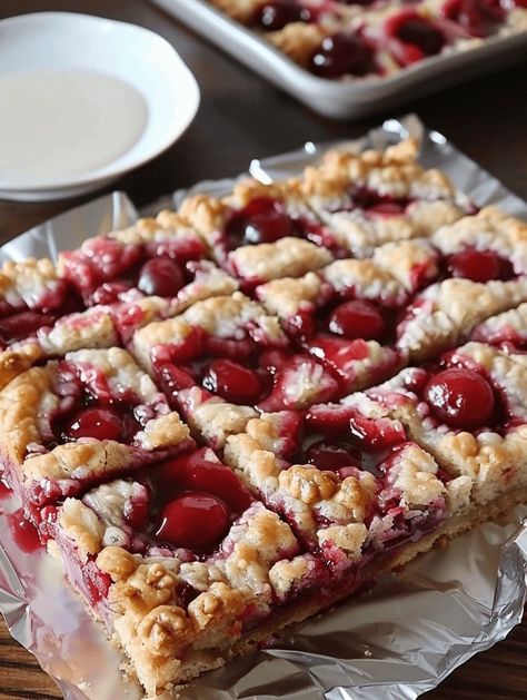 Cherry Bars for a Crowd - Nine Recipes Bars For A Crowd, Cherry Bars, Cherry Topping, Cherry Filling, Cheese Stuffed Chicken, Biscuit Bake, Fruit Filling, Grandmas Recipes, Fresh Cherries