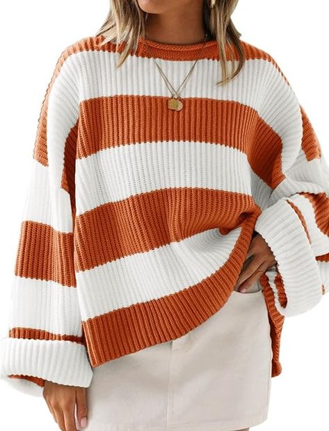 ZESICA Women's 2024 Fall Long Sleeve Crew Neck Striped Color Block Comfy Loose Oversized Knitted Pullover Sweater,Orange,X-Large at Amazon Women’s Clothing store Fall Transition Outfits, Tight Sweater, Winter Pullover, Trendy Winter, Transition Outfits, Pattern Sweater, Chunky Knits Sweater, Casual Chic Style, Inspiration Mode