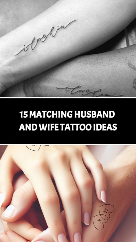 Explore these heartwarming matching tattoo ideas for couples! Whether you're seeking subtle symbols of love or bold statements, these designs celebrate the unique bond between husband and wife. Perfect for commemorating anniversaries, weddings, or simply the joy of being together. Discover inspiration for your next meaningful tattoo! Couple Finger Tattoos Marriage, Anniversary Tatoos Ideas, Spouses Name Tattoo Ideas, Meaningful Husband Wife Tattoos, Small Spouse Tattoos, You Are My Home Tattoo, Small Tattoos For Husband And Wife, Unique Husband And Wife Tattoos, Surprise Tattoo For Husband