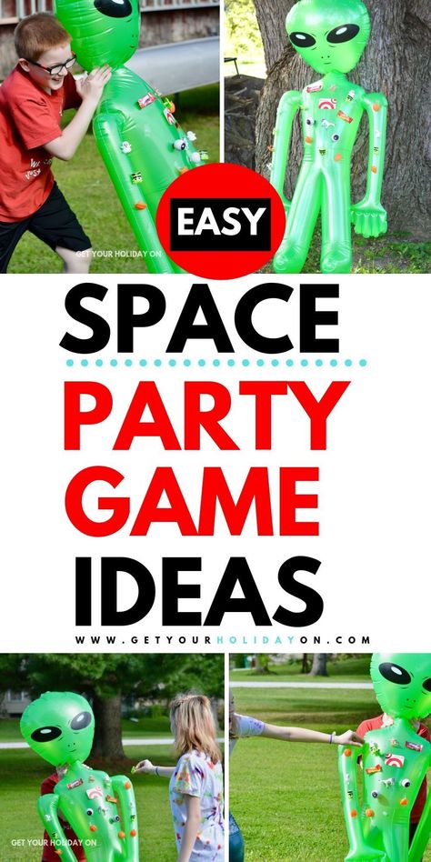 Space party game ideas for a kids birthday! #alien #space #birthdayparty #kidsparty Games For Space Birthday Party, Space Themed Games For Adults, Space Birthday Party Games Activities, Space Theme Party Activities, Astronaut Party Games, Alien Food Ideas Parties, Space Theme Birthday Games, Space Alien Birthday Party, Space Theme Birthday Party Games