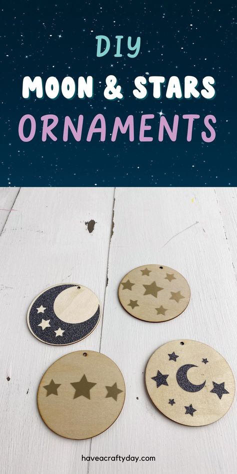 Use your Cricut to make these cute celestial ornaments featuring moons and stars in glitter and metallic vinyl. Free SVG to download. Moon Ornament Diy, Celestial Ornaments, Moon Ornament, Starwars Ornaments Cricut, Moon Felt Ornament, Cricut Ornaments, Handcrafted Ornaments, Christmas Crafts To Make, Diy Vinyl