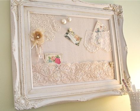 Bulletin Boards With Shabby Lace Pockets - The Polka Dot Closet - use doilies for pockets,  must add some to my board. Closet Decoration, Beautiful Organization, Adding Pockets, Doilies Crafts, Vintage Hankies, Quilts Decor, Lace Pocket, Shabby Chic Crafts, Lace Vest