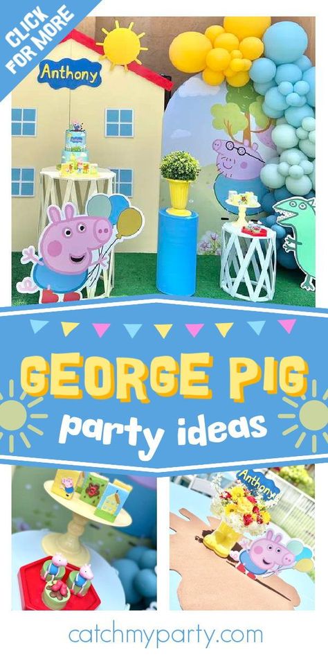 Take a look at this adorable George Pig birthday party! The muddy puddle centrepieces are wonderful! See more party ideas and share yours at CatchMyParty.com George Pig Party Decoration, Peppa Pig Themed Birthday Party For Boy, Peppa Pig Birthday Party Boy Ideas, George Pig Birthday Party Decorations, George Pig Party Ideas, Peppa And George Birthday Party, Peppa Pig Birthday Party Boy, Peppa Pig Boy Birthday Party, Peppa Pig George Birthday Party