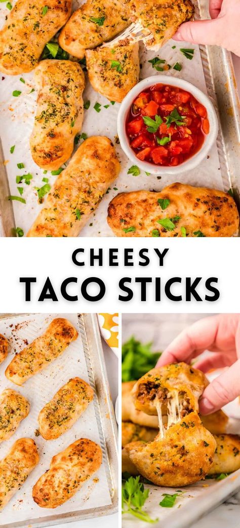 These easy-to-make and delicious cheesy taco sticks recipe are a perfect appetizer for parties or a quick weeknight dinner. Buttery breadsticks stuffed with tender seasoned beef and lots of cheese! Baked Cheesy Taco Sticks, Cheese Stuffed Breadsticks, Stuffed Breadsticks, Cheesy Taco Sticks, Taco Sticks, Pillsbury Biscuit Recipes, Pizza Crust Dough, Simple Appetizer, Pillsbury Biscuits