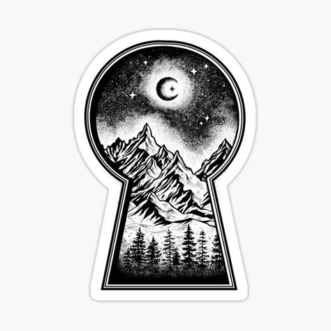 Moon And Mountains Drawing, Keyhole Tattoo Ideas, Keyhole Drawing, Keyhole Tattoo, Skeleton Key Tattoo, Wanderlust Stickers, Rick And Morty Poster, Mountain Drawing, Procreate Ipad Art