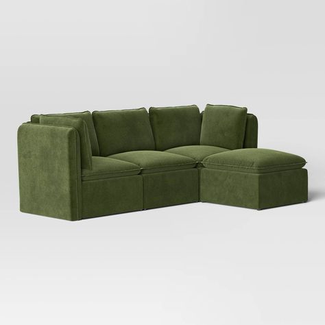 24 Solo Apartment, Friends Reading, Armless Sectional, Green Velvet Fabric, Green Couch, Cozy Seating, Entertaining Friends, Modular Sectional Sofa, Ottoman Sofa