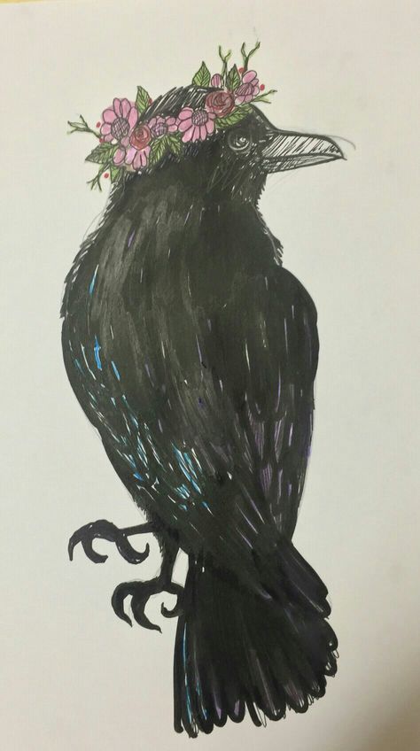 Raven wearing a flower crown ❤ A friend sketched this for my next tattoo. I'm in love! Girly Raven Tattoo, Bird With Crown Tattoo, Raven Flower Tattoo, Colorful Raven Tattoo, Crow With Flowers Tattoo, Raven With Flowers Tattoo, Simple Raven Tattoo, Crow And Flowers, Flower Crown Tattoo