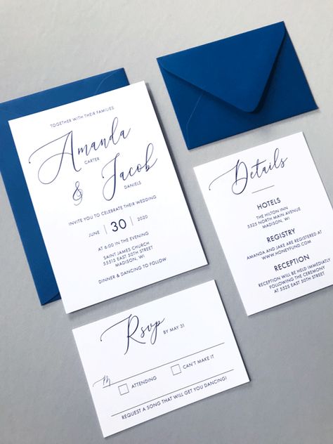 Elegant Script Modern Wedding Invitation Suite in Navy Blue and White - by Wonderment Paper Co. Modern Wedding Invitation Suite, Wedding Ceremony Invitations, Ceremony Invitation, Wedding Tableware, Marriage Invitations, Wedding Details Card, Custom Wedding Stationery, Wedding Party Invites, Minimal Wedding