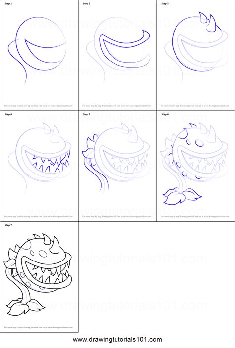 How to Draw Chomper from Plants vs. Zombies Printable Drawing Sheet by DrawingTutorials101.com How To Draw Zombies Step By Step, Drawing Ideas Plants, Chomper Plants Vs Zombies, Zombies Drawing, Plants Vs Zombies Drawing, Diy Sketches, Zombie Drawings, Storyboard Drawing, Halloween Doodles