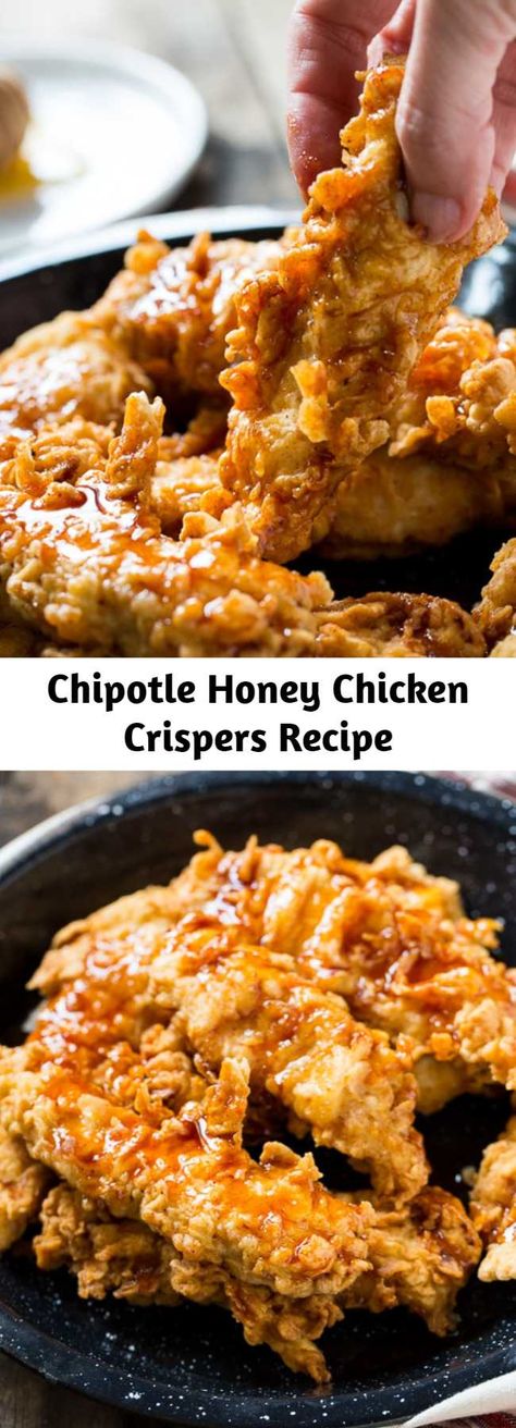 Chipotle Honey Chicken Crispers Recipe - These Honey Chipotle Chicken Crispers are a Chili's copycat. Crispy fried chicken tenders coated in a sweet and spicy sauce. Chipotle Chicken Crispers, Honey Chipotle Chicken Crispers, Chipotle Honey Chicken, Crispy Fried Chicken Tenders, Honey Chipotle Sauce, Chicken Crispers, Crispy Honey Chicken, Pizza Monkey Bread, Honey Chipotle Chicken