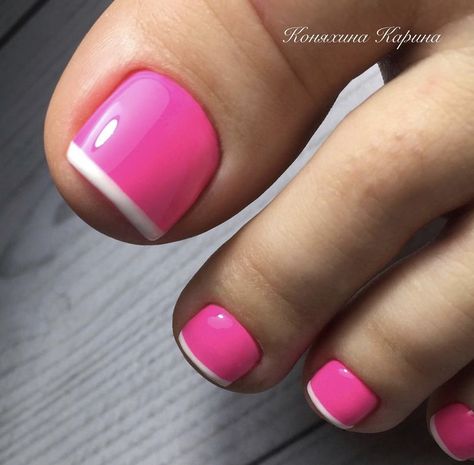 Colored French Pedicure Toenails, Summer Pedicure French Tip, Spring Break Pedicure Ideas, Neon Pink Pedicure Toenails, French Pink Pedicure, Hot Pink Nails With White Tips, Hot Pink Nails With French Tip, Barbie Pedicure Ideas, Pink And White Pedicure Toenails