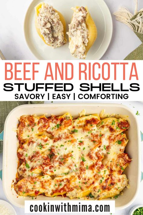 These Beef and Ricotta Stuffed Shells are amazing! Every bite is delicious savory goodness. The pasta shells are generously filled with seasoned ground beef, creamy ricotta, and gooey mozzarella, and then they’re covered in a mouthwatering sauce and more cheese before they’re baked to perfection. Try out this amazing dish today! Creamy Ricotta Beef Stuffed Shells Pasta, Creamy Ricotta Beef Stuffed Shells, Stuffed Shells Ground Beef, Ricotta Cheese Stuffed Shells, Beef Stuffed Shells, Lasagna Stuffed Shells, Ricotta Stuffed Shells, Shell Pasta Recipes, Seasoned Ground Beef