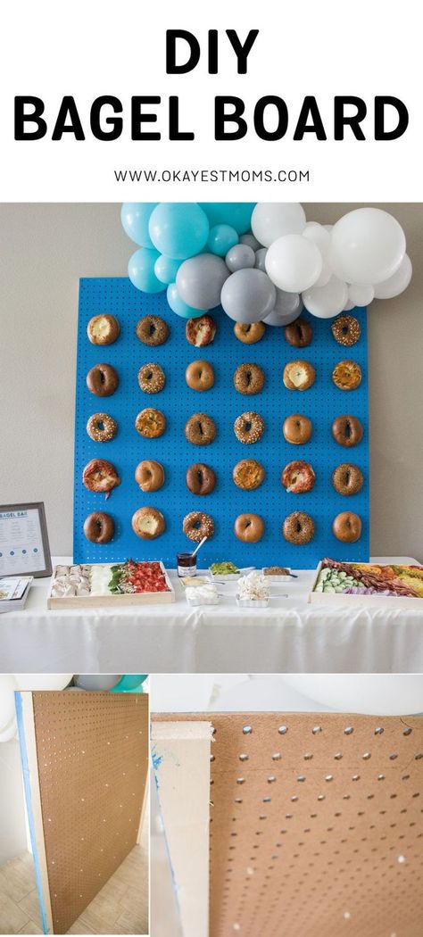 Bagels arranged on a peg board bagel board Bagel Peg Board, Bagel Wall, Bagel Board, Bagel Bar, Rainbow Baby Shower, Balloon Wall, Theme Party Decorations, Retail Space, Grad Party