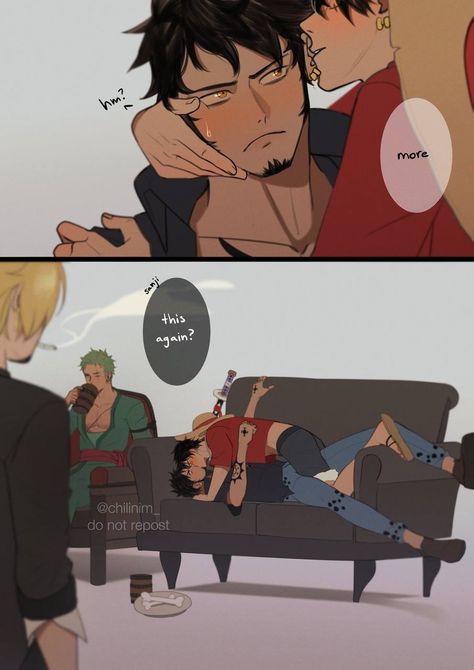 One Piece Trafalgar Law X Luffy Comic, One Piece Ships Luffy, One Piece Law X Luffy, Trafalgar Law And Luffy, Luffy X Zoro Kiss, Luffy X Law Comic, Law X Luffy Fanart, Luffy Reference, Marine Luffy