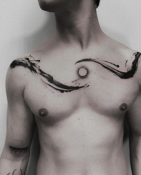 Black And Red Chest Tattoo, Protection Back Tattoo, Lunar Back Tattoo, Waste Tattoos Men, Tattoo Chest Ideas For Men, Abstract Chest Tattoo Men, Man Back Tattoo Ideas, Runic Tattoo Arm, Trans Masc Chest Tattoos